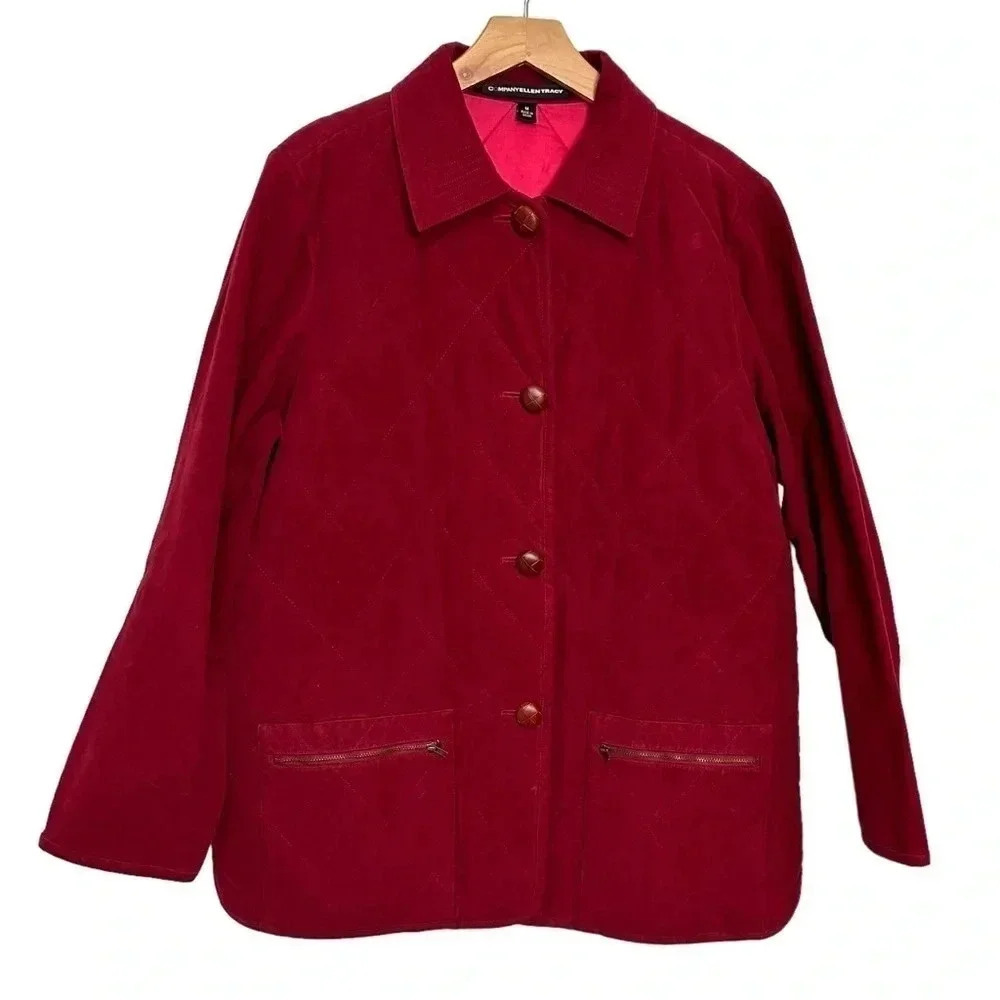 Company Ellen Tracy Quilted Jacket Medium Red Button Front Zipper Pockets